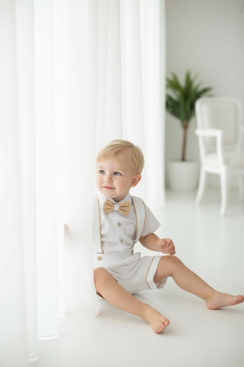 Erkek Bebek Beyaz Askılı Şort Takım  Papyonlu Özel Gün Kombini