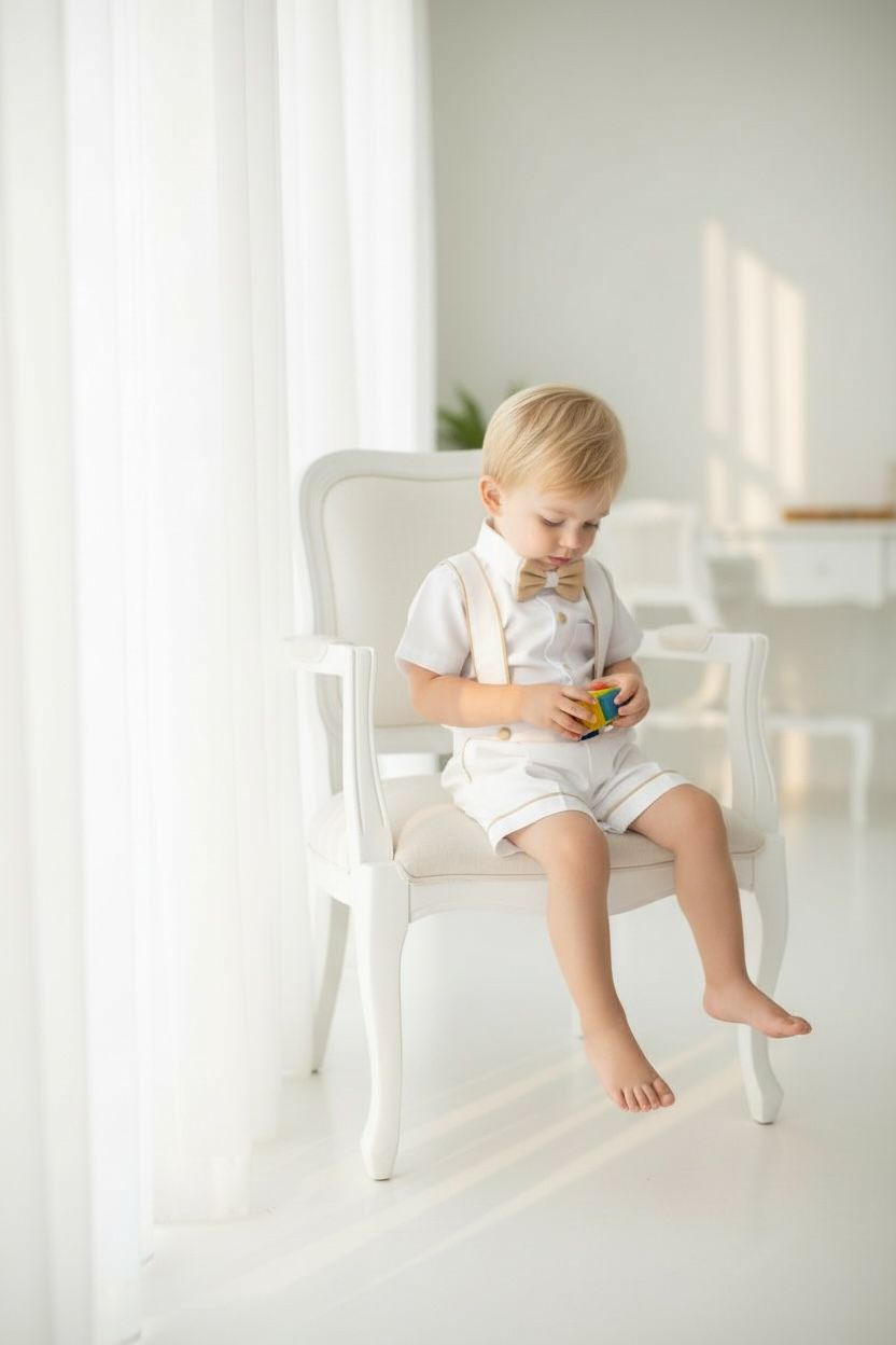 Erkek Bebek Beyaz Askılı Şort Takım  Papyonlu Özel Gün Kombini