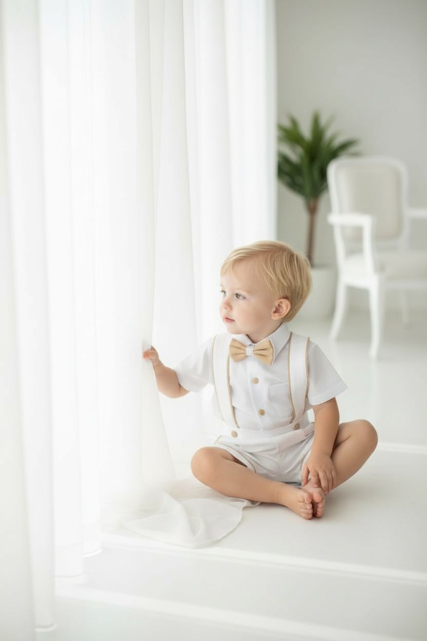 Erkek Bebek Beyaz Askılı Şort Takım  Papyonlu Özel Gün Kombini