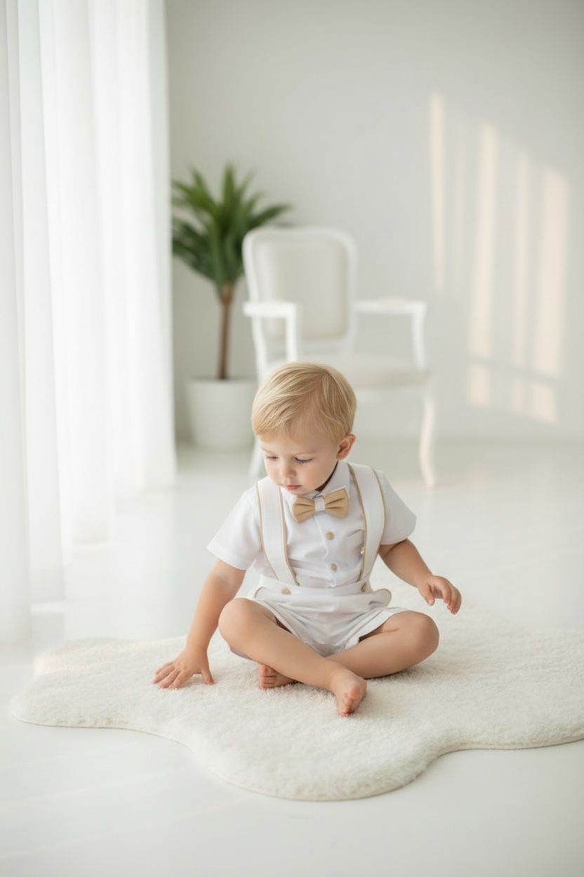 Erkek Bebek Beyaz Askılı Şort Takım  Papyonlu Özel Gün Kombini