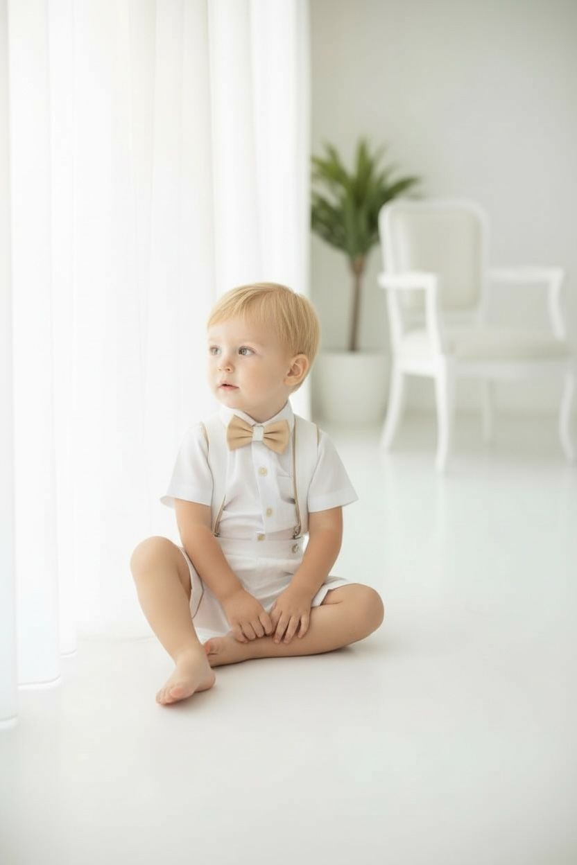 Erkek Bebek Beyaz Askılı Şort Takım  Papyonlu Özel Gün Kombini