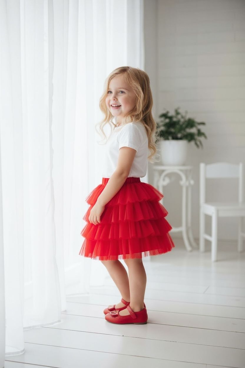 Kız Çocuk Kırmızı Tütü Etek  Kat Kat Tül Özel Gün Eteği