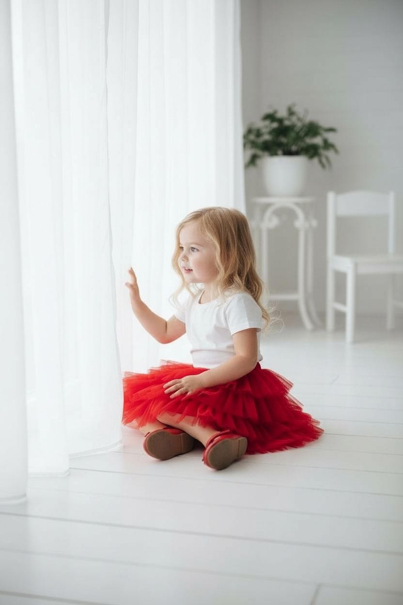 Kız Çocuk Kırmızı Tütü Etek  Kat Kat Tül Özel Gün Eteği