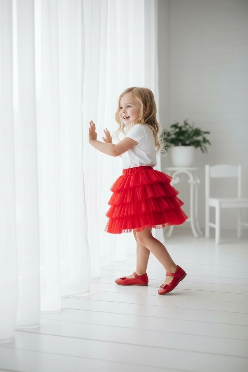 Kız Çocuk Kırmızı Tütü Etek  Kat Kat Tül Özel Gün Eteği