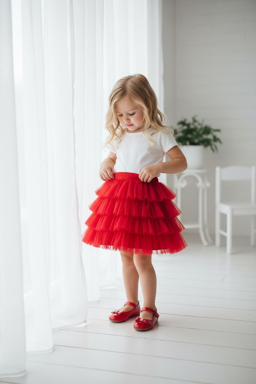 Kız Çocuk Kırmızı Tütü Etek  Kat Kat Tül Özel Gün Eteği