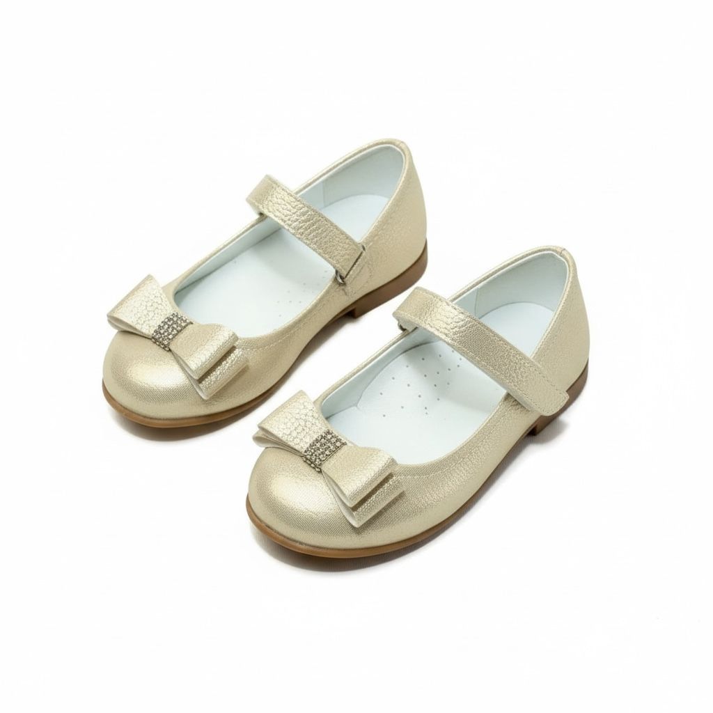 Kız Çocuk Gold Rengi Babet Ayakkabı Fiyonklu, Bilekten Cırtlı Bayramlık