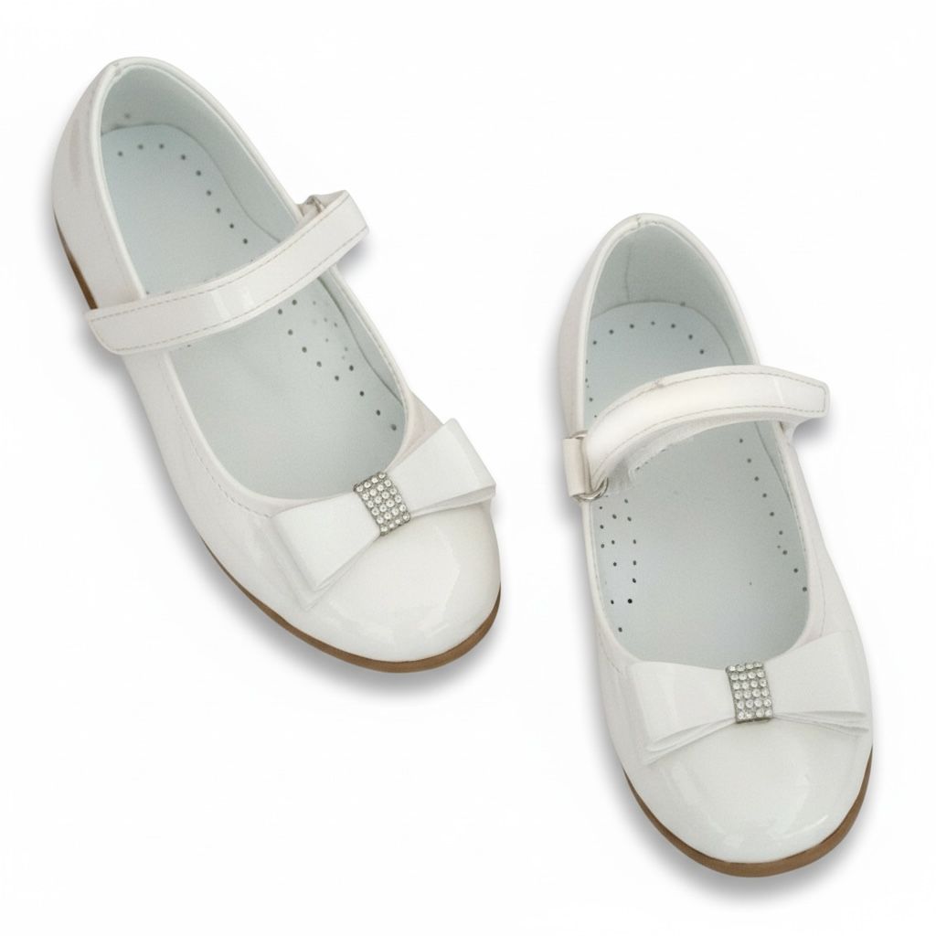 Kız Çocuk Beyaz Babet Ayakkabı | Fiyonklu, Bilekten Cırtlı Bayramlık & Özel Gün