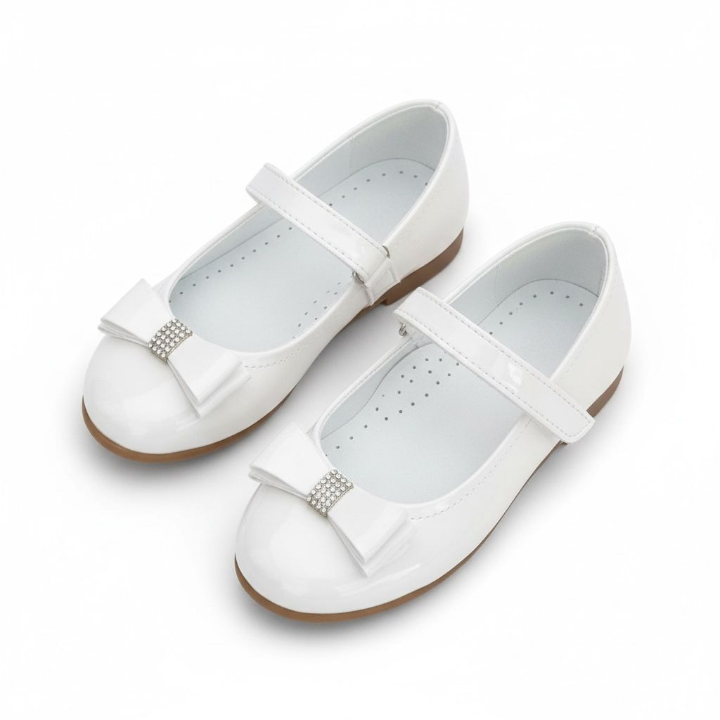 Kız Çocuk Beyaz Babet Ayakkabı | Fiyonklu, Bilekten Cırtlı Bayramlık & Özel Gün