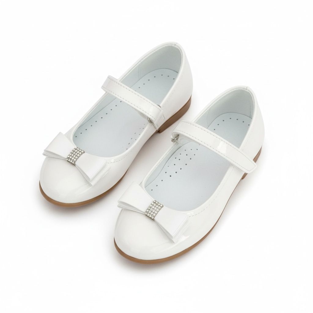 Kız Çocuk Beyaz Babet Ayakkabı | Fiyonklu, Bilekten Cırtlı Bayramlık & Özel Gün