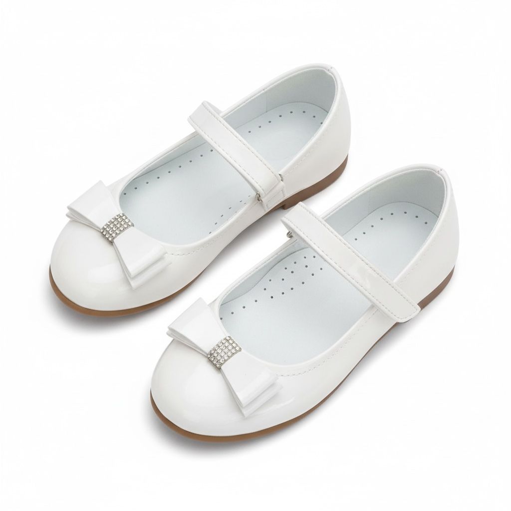 Kız Çocuk Beyaz Babet Ayakkabı | Fiyonklu, Bilekten Cırtlı Bayramlık & Özel Gün
