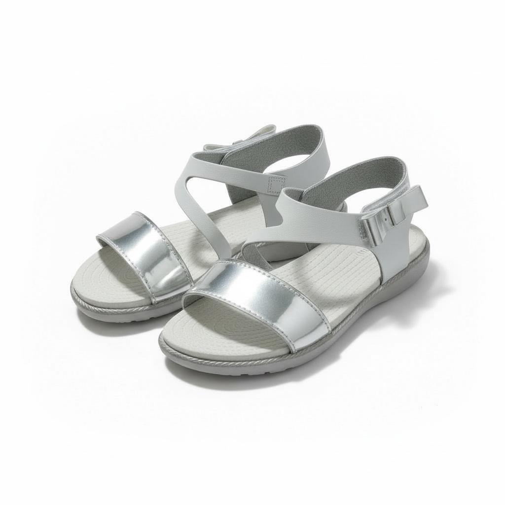 Kız Çocuk Deri Sandalet – Gümüş Detaylı, Ortopedik Yazlık Sandalet