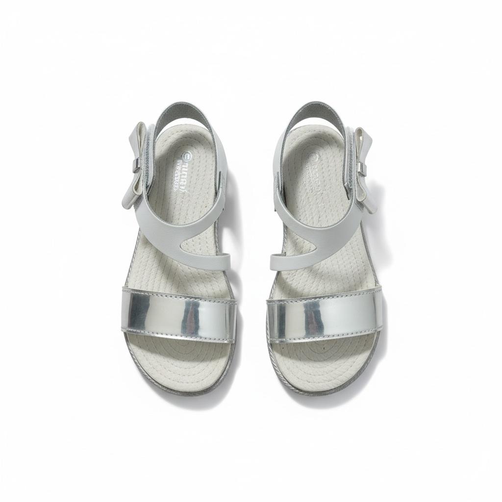 Kız Çocuk Deri Sandalet – Gümüş Detaylı, Ortopedik Yazlık Sandalet