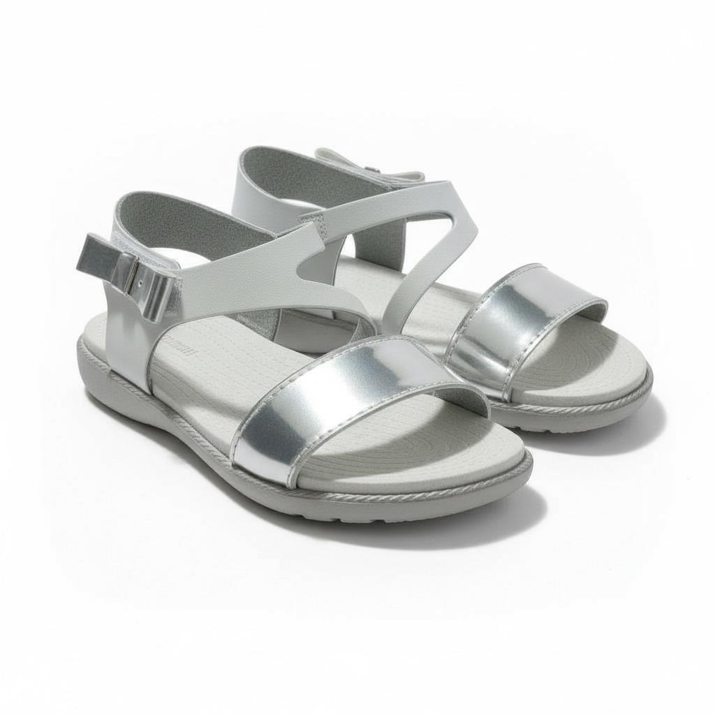 Kız Çocuk Deri Sandalet – Gümüş Detaylı, Ortopedik Yazlık Sandalet