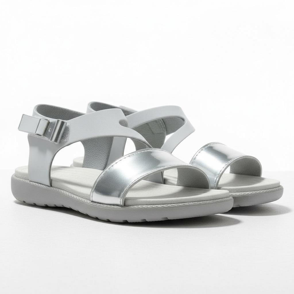 Kız Çocuk Deri Sandalet – Gümüş Detaylı, Ortopedik Yazlık Sandalet