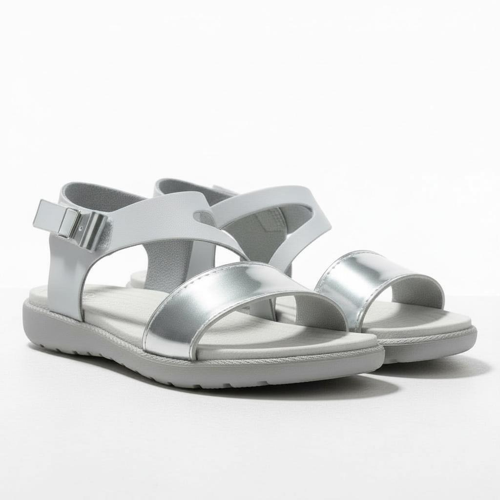 Kız Çocuk Deri Sandalet – Gümüş Detaylı, Ortopedik Yazlık Sandalet