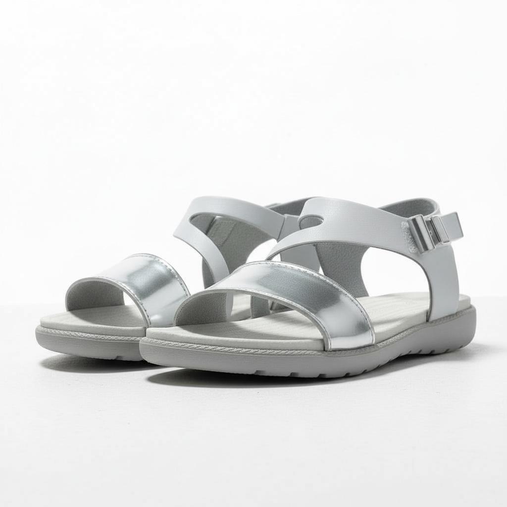 Kız Çocuk Deri Sandalet – Gümüş Detaylı, Ortopedik Yazlık Sandalet