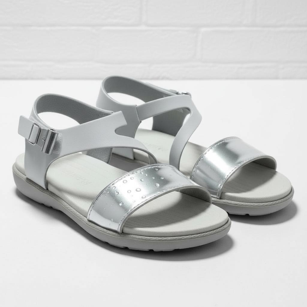Kız Çocuk Deri Sandalet – Gümüş Detaylı, Ortopedik Yazlık Sandalet