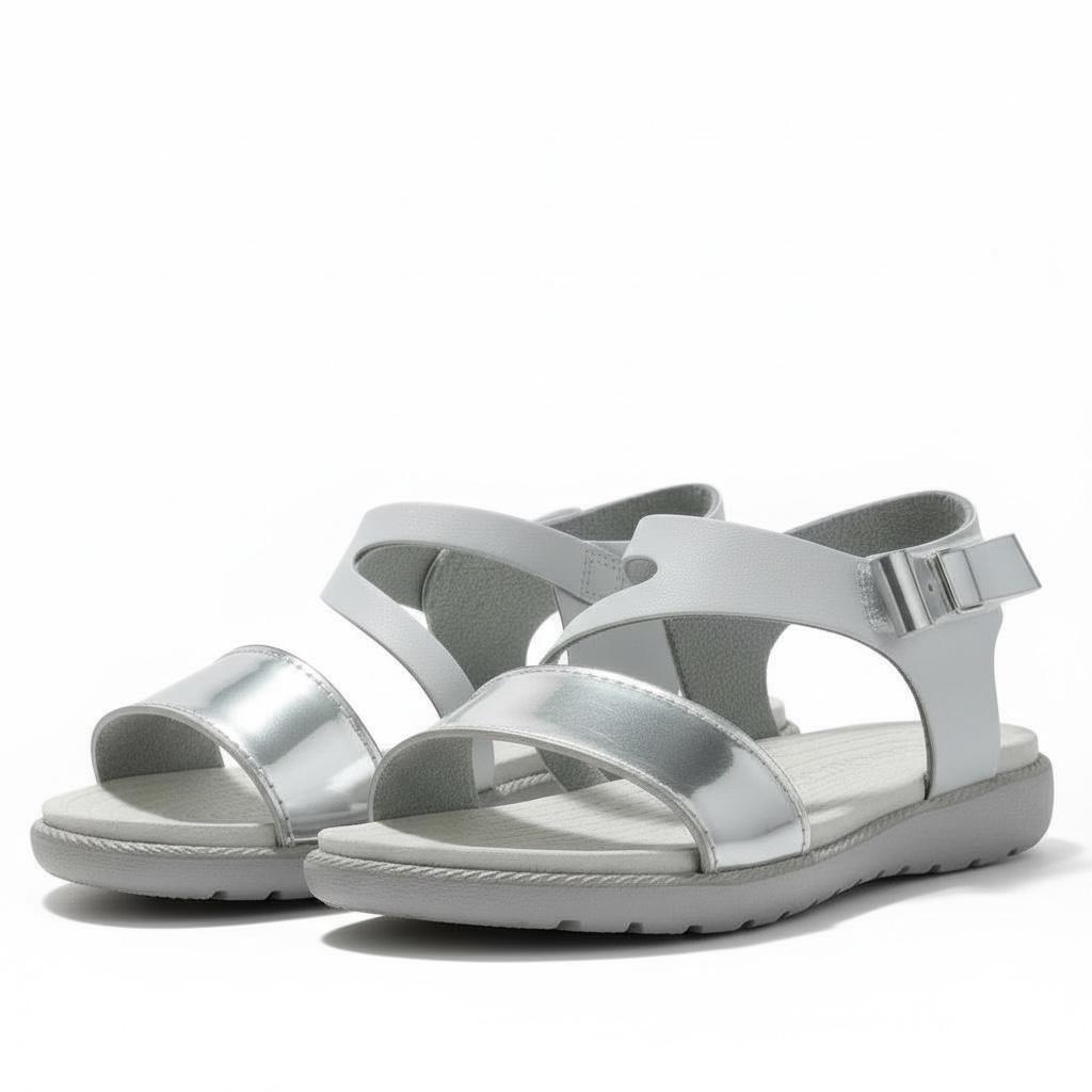 Kız Çocuk Deri Sandalet – Gümüş Detaylı, Ortopedik Yazlık Sandalet