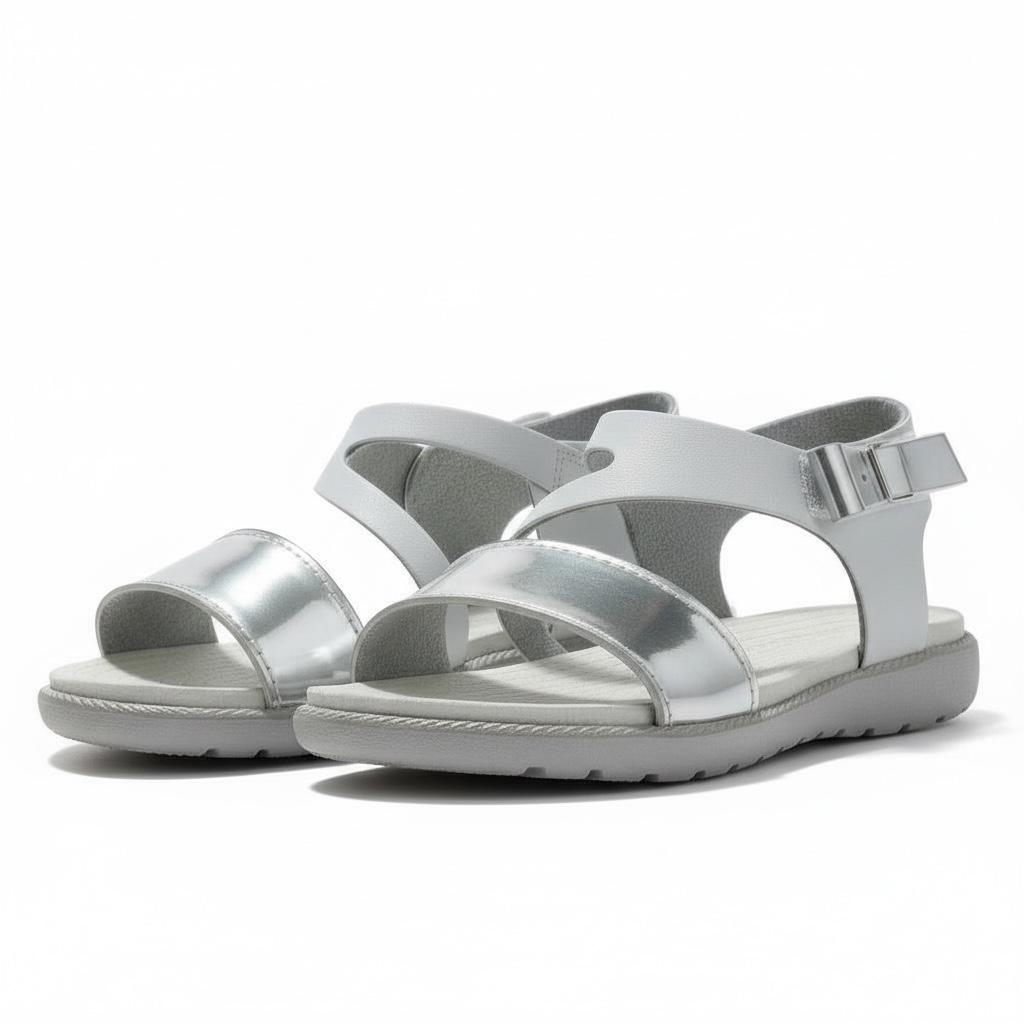 Kız Çocuk Deri Sandalet – Gümüş Detaylı, Ortopedik Yazlık Sandalet