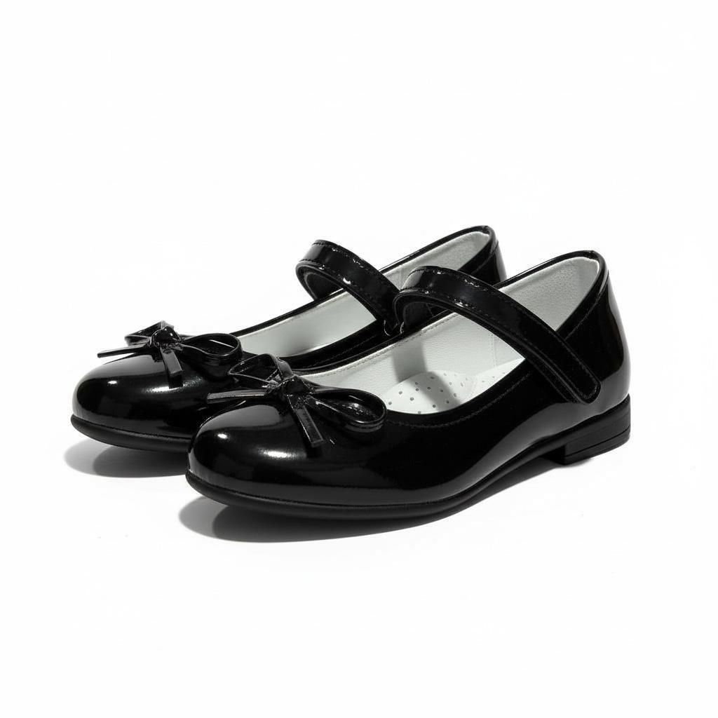 Kız Çocuk Siyah Rugan Ayakkabı – Fiyonklu, Klasik Babet
