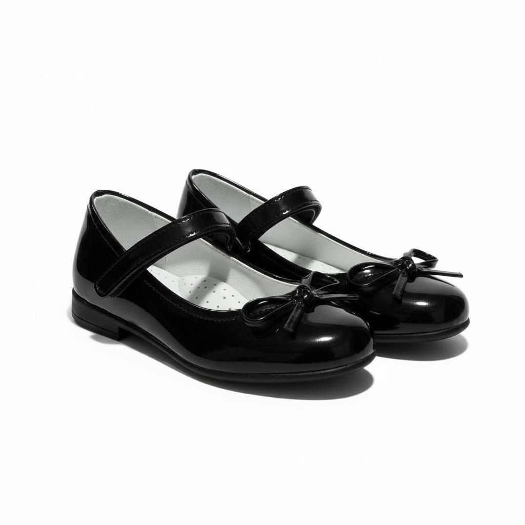 Kız Çocuk Siyah Rugan Ayakkabı – Fiyonklu, Klasik Babet