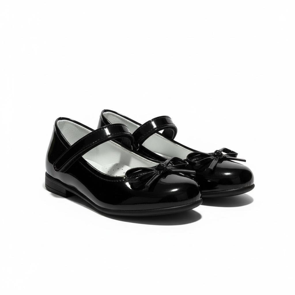 Kız Çocuk Siyah Rugan Ayakkabı – Fiyonklu, Klasik Babet
