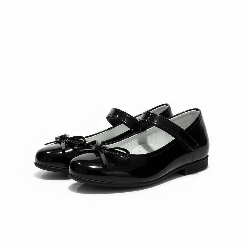 Kız Çocuk Siyah Rugan Ayakkabı – Fiyonklu, Klasik Babet