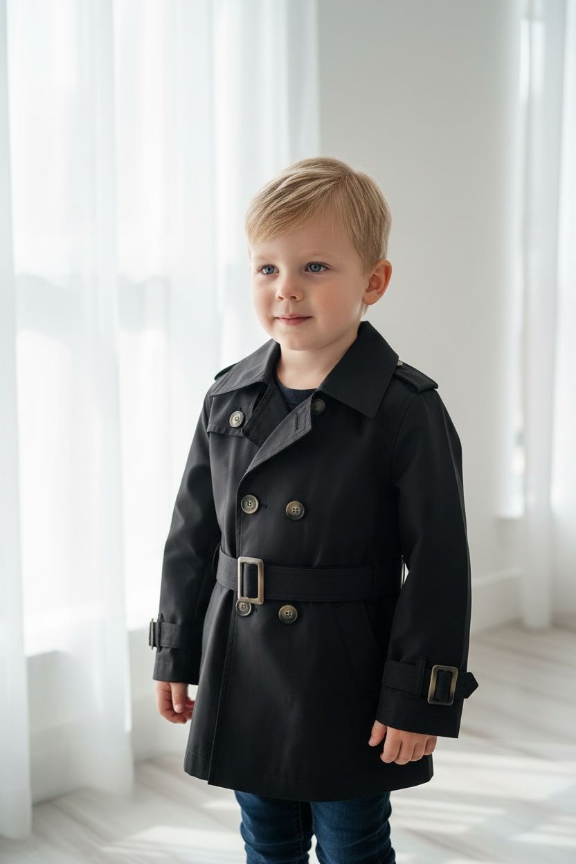Premium Erkek Çocuk Siyah Trençkot | Klasik & Şık