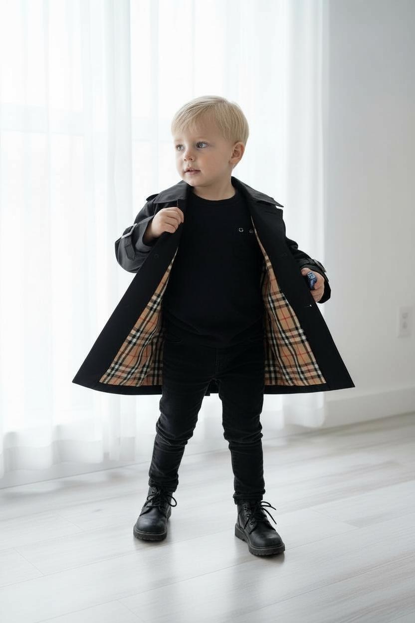 Premium Erkek Çocuk Siyah Trençkot | Klasik & Şık