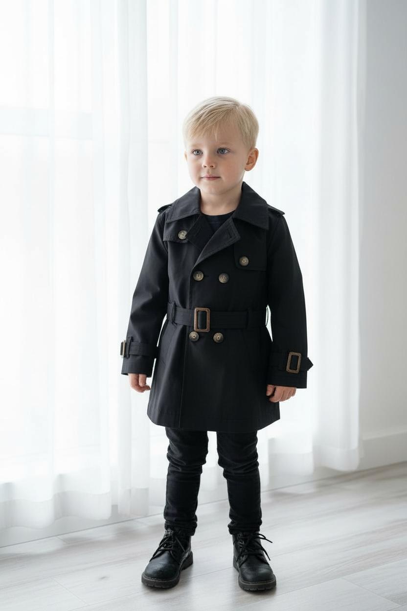 Premium Erkek Çocuk Siyah Trençkot | Klasik & Şık