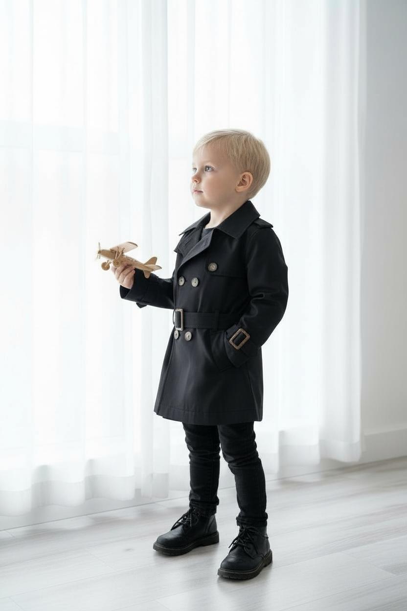 Premium Erkek Çocuk Siyah Trençkot | Klasik & Şık