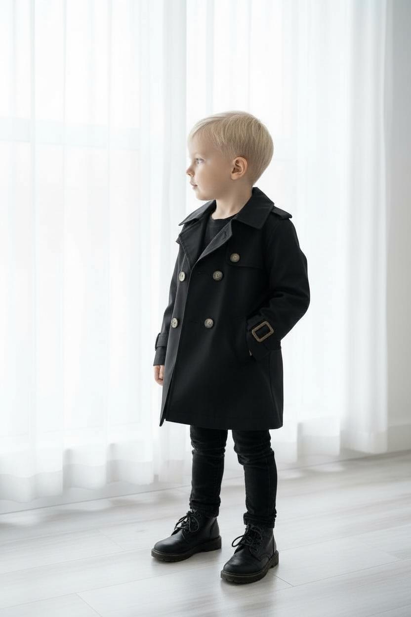 Premium Erkek Çocuk Siyah Trençkot | Klasik & Şık