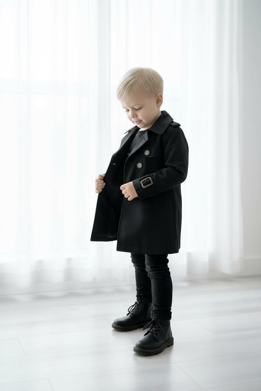Premium Erkek Çocuk Siyah Trençkot | Klasik & Şık
