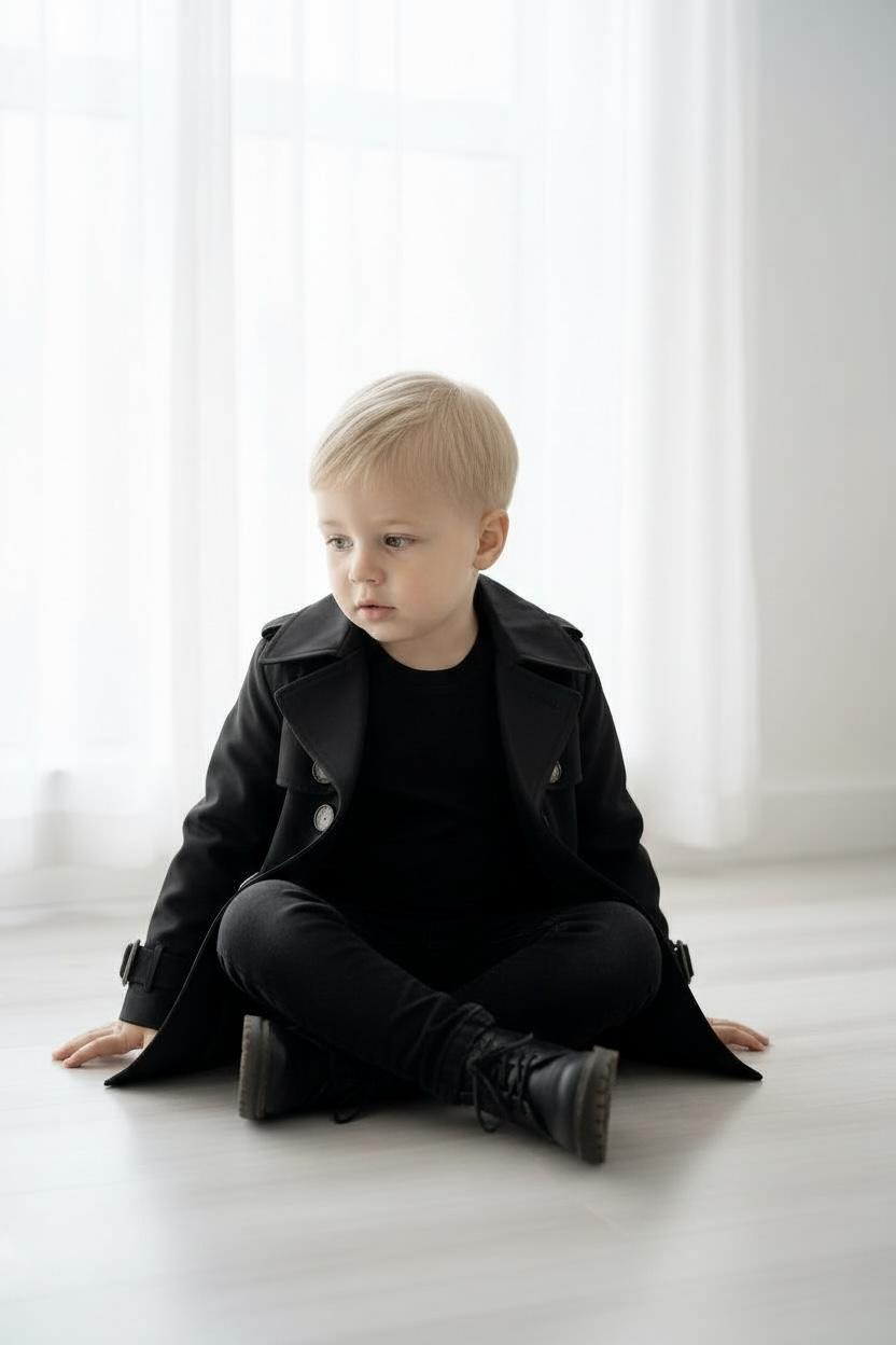 Premium Erkek Çocuk Siyah Trençkot | Klasik & Şık