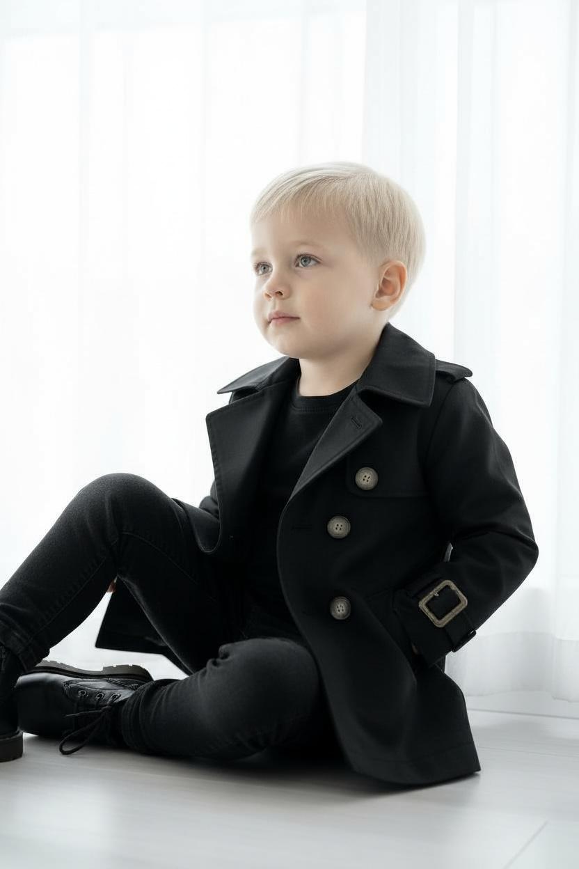 Premium Erkek Çocuk Siyah Trençkot | Klasik & Şık