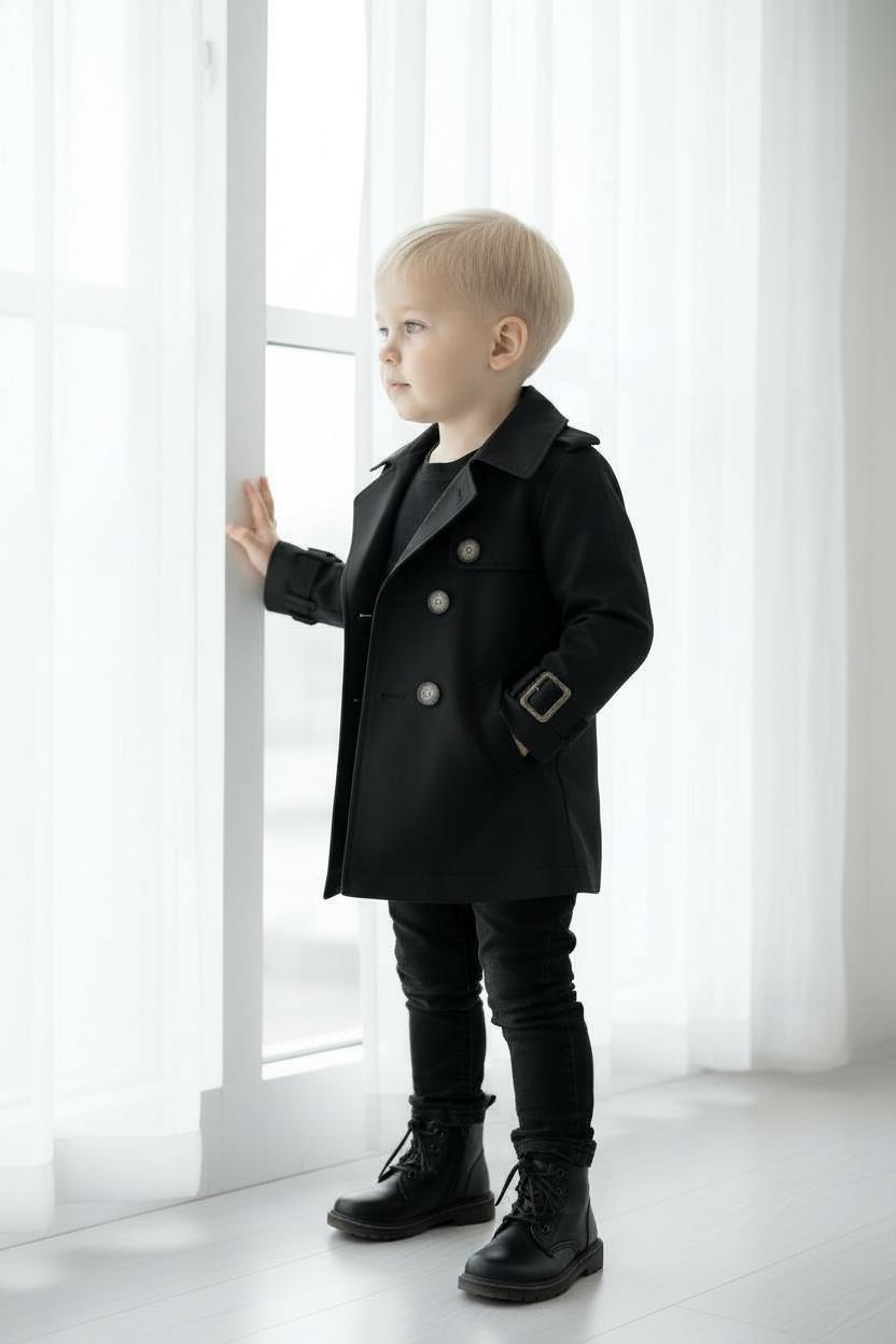 Premium Erkek Çocuk Siyah Trençkot | Klasik & Şık