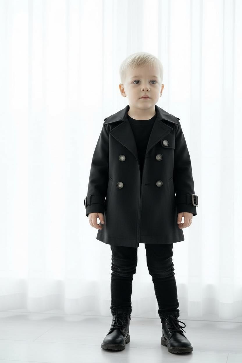 Premium Erkek Çocuk Siyah Trençkot | Klasik & Şık