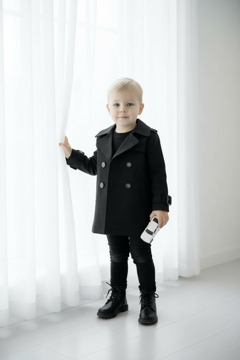 Premium Erkek Çocuk Siyah Trençkot | Klasik & Şık