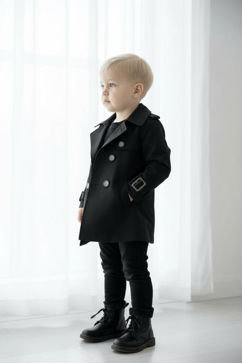 Premium Erkek Çocuk Siyah Trençkot | Klasik & Şık