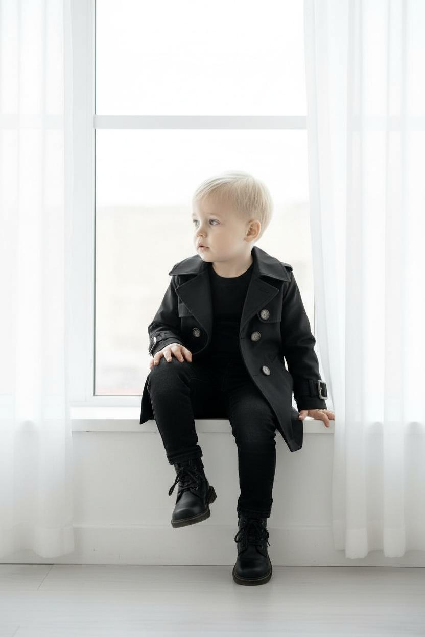 Premium Erkek Çocuk Siyah Trençkot | Klasik & Şık