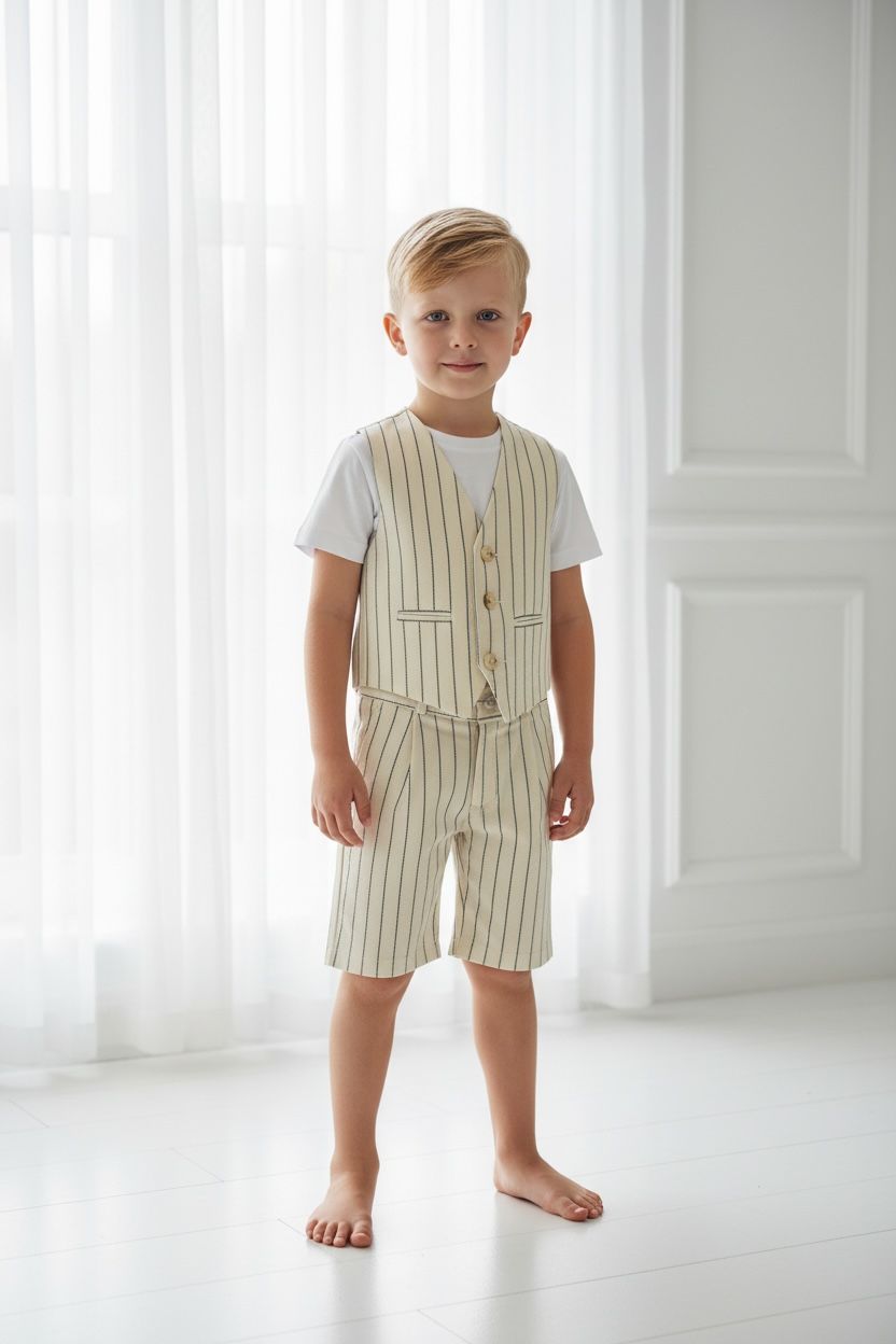 Erkek Çocuk Ekru Çizgili Yelek, Şort & Tişört Takımı – 3 Parça Şık Yaz Kombini