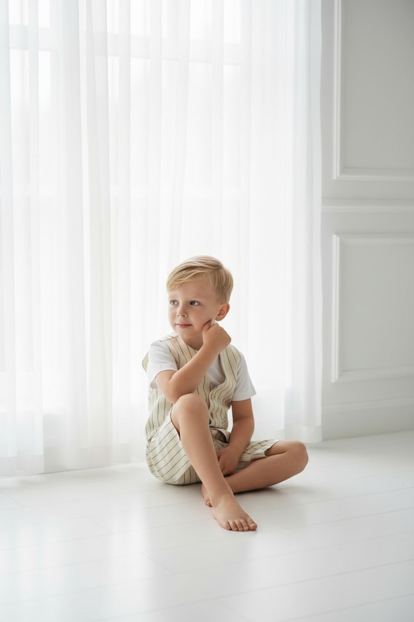 Erkek Çocuk Ekru Çizgili Yelek, Şort & Tişört Takımı – 3 Parça Şık Yaz Kombini