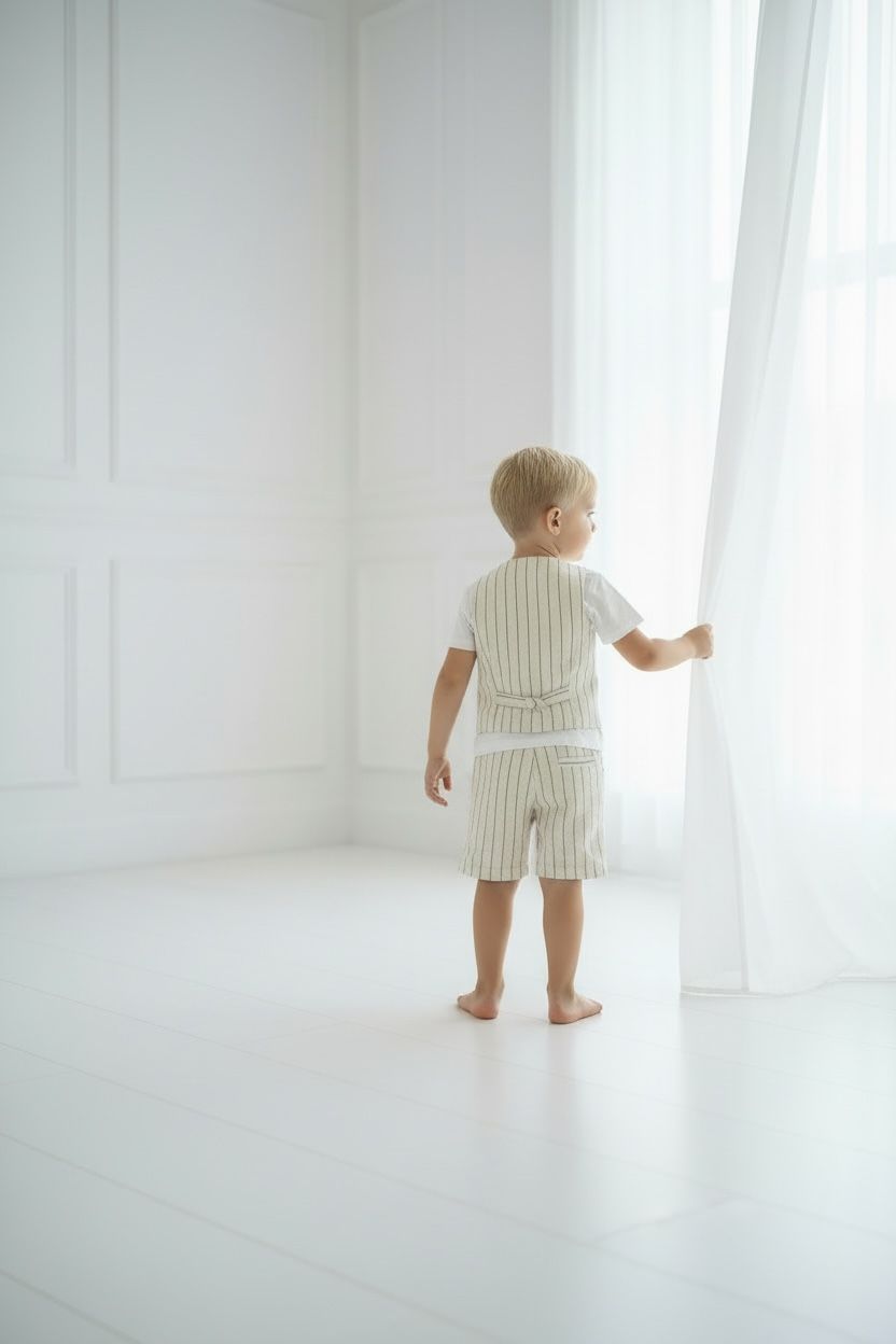 Erkek Çocuk Ekru Çizgili Yelek, Şort & Tişört Takımı – 3 Parça Şık Yaz Kombini