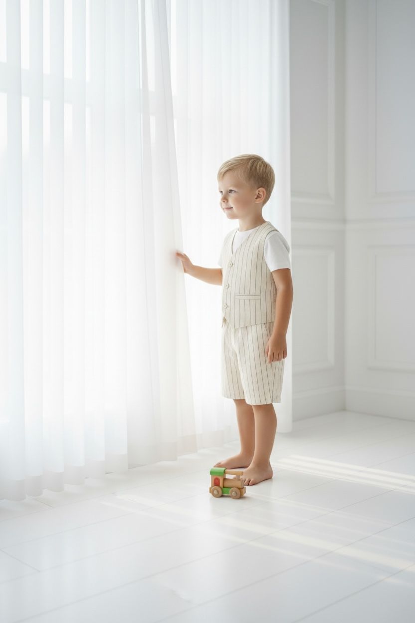 Erkek Çocuk Ekru Çizgili Yelek, Şort & Tişört Takımı – 3 Parça Şık Yaz Kombini