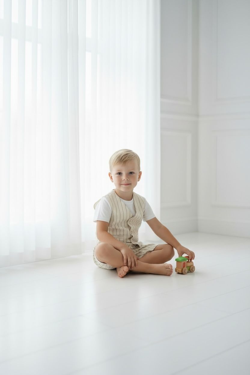 Erkek Çocuk Ekru Çizgili Yelek, Şort & Tişört Takımı – 3 Parça Şık Yaz Kombini