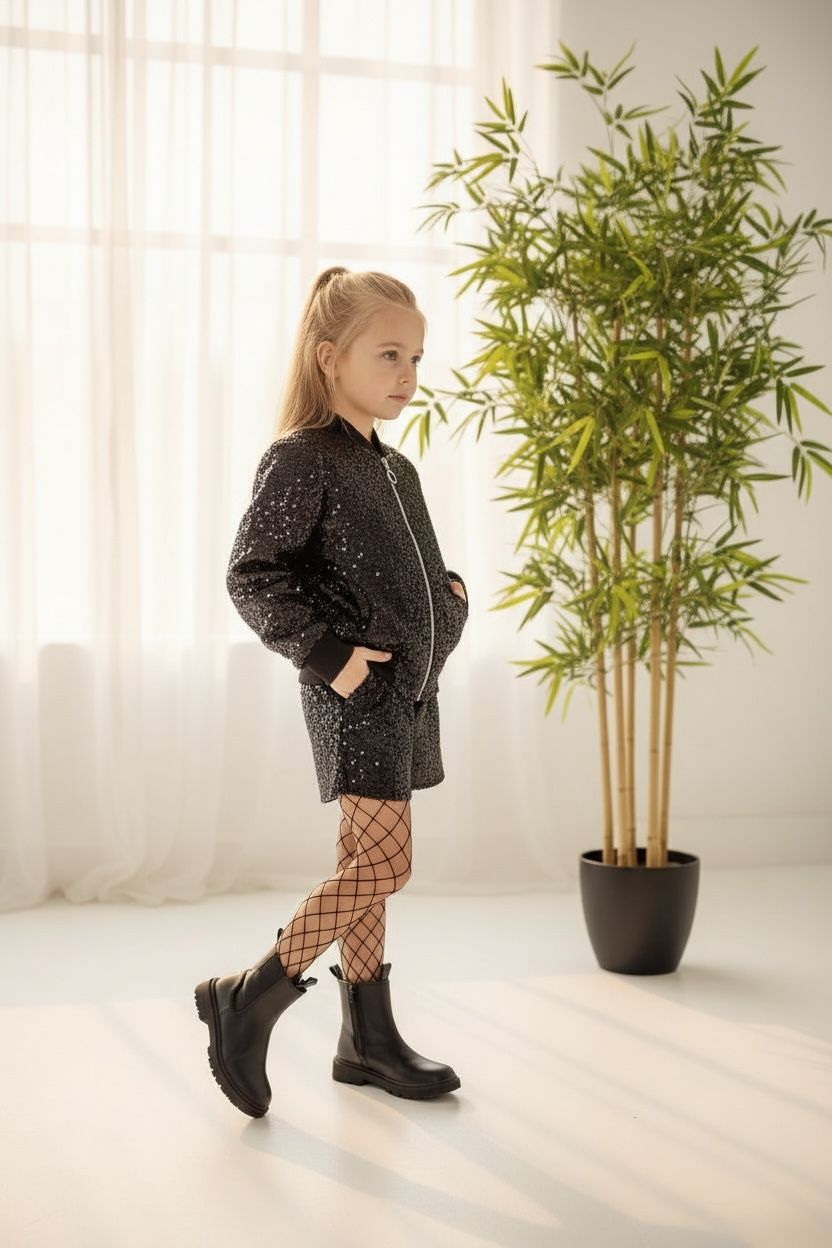 Kız Çocuk Siyah Pul Payet Ceket-Şort Takım