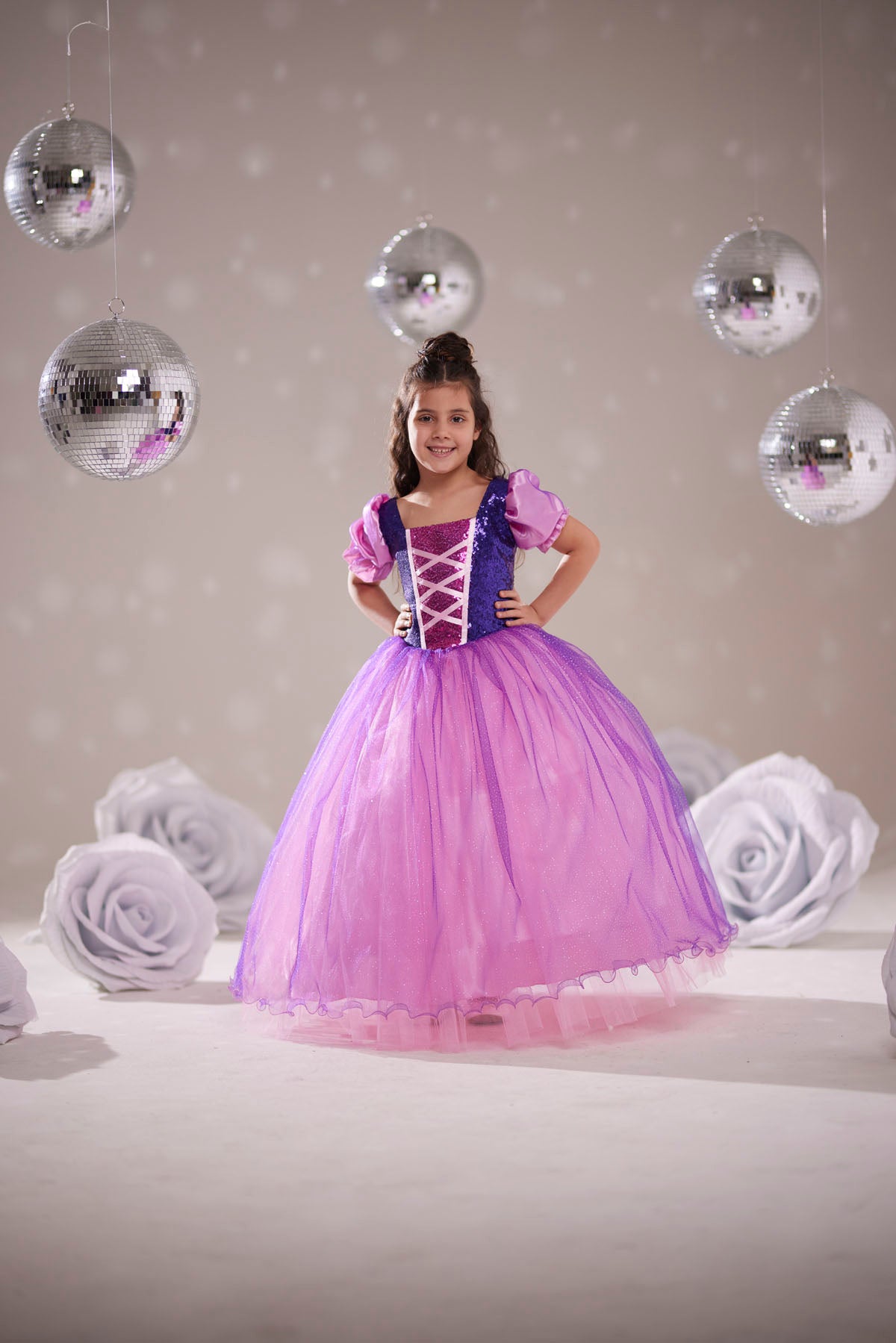 Kız Çocuk Rapunzel Kostümü Tüllü Prenses Elbise