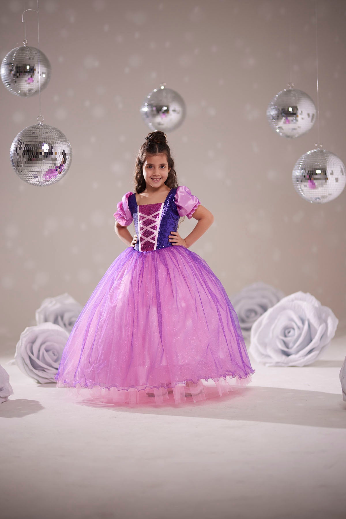 Kız Çocuk Rapunzel Kostümü Tüllü Prenses Elbise