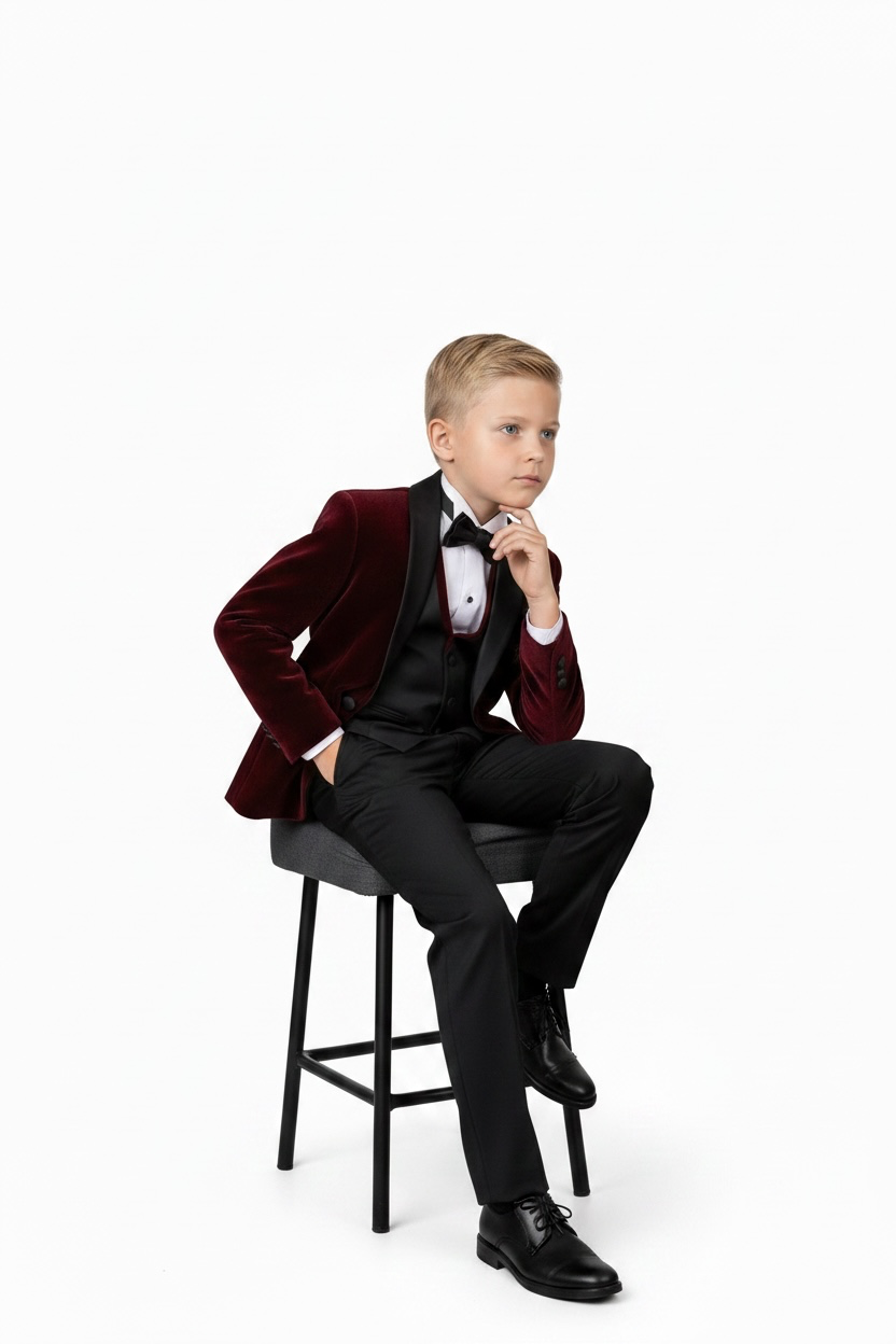 Bordo Kadife Broş Detaylı Erkek Çocuk Smokin Takım Elbise
