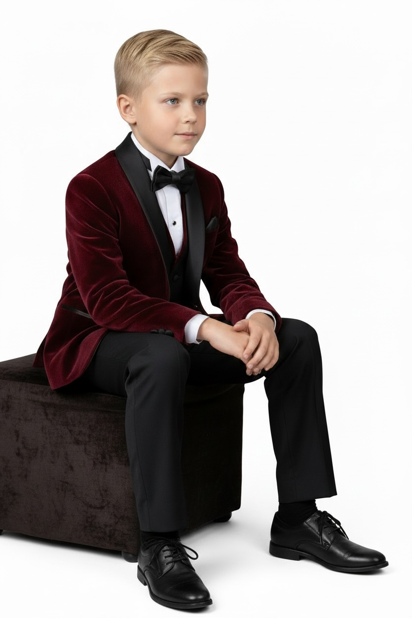 Bordo Kadife Broş Detaylı Erkek Çocuk Smokin Takım Elbise